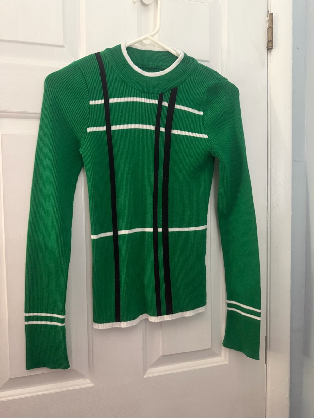 Maeve Anthropologie Green Striped Ribbed Mock Neck Sweater Small